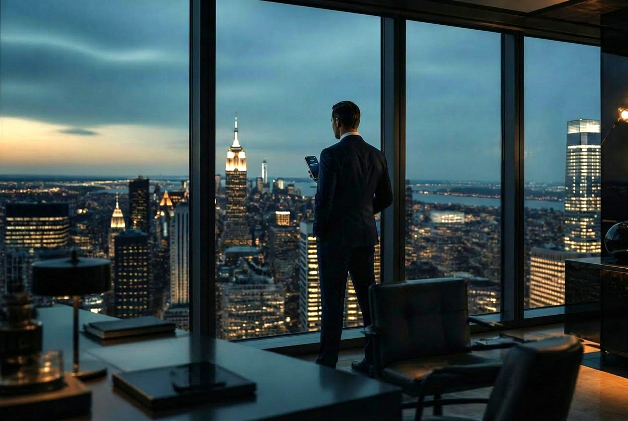 Executive at a skyline office window